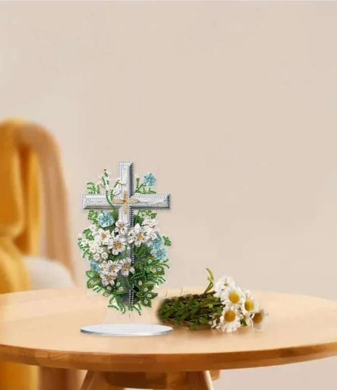 Annamay 5D DIY Floral Cross Diamond Painting Kit Rhinestone Acrylic Table top Ornament Decoration