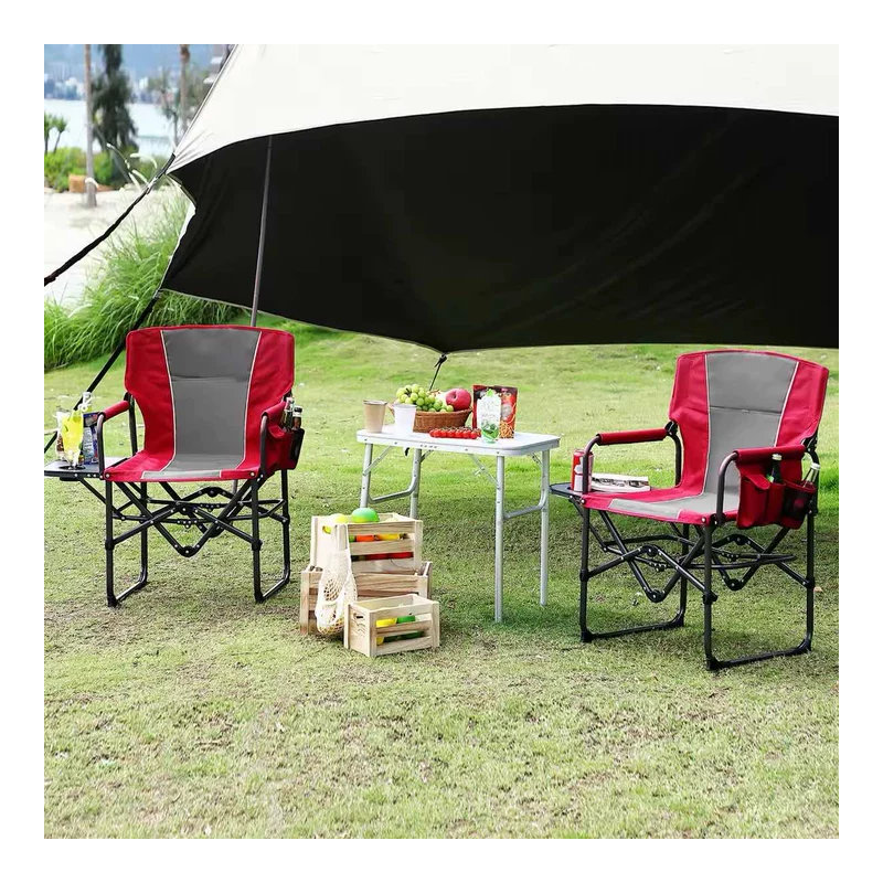 2PACK Heavy Duty Folding Camping Director Chair,Portable Outdoor Furniture with Side Table, Cup Holder & Storage Pocket,Supports Up to 330 lbs-Red