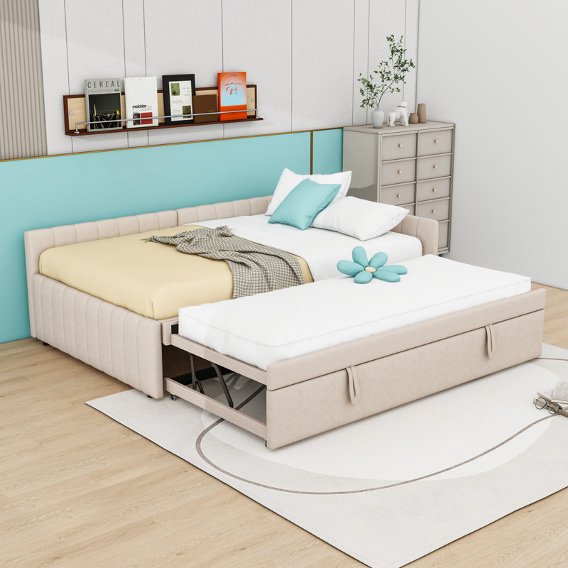 Full Upholstered Daybed with Trundle, Beige