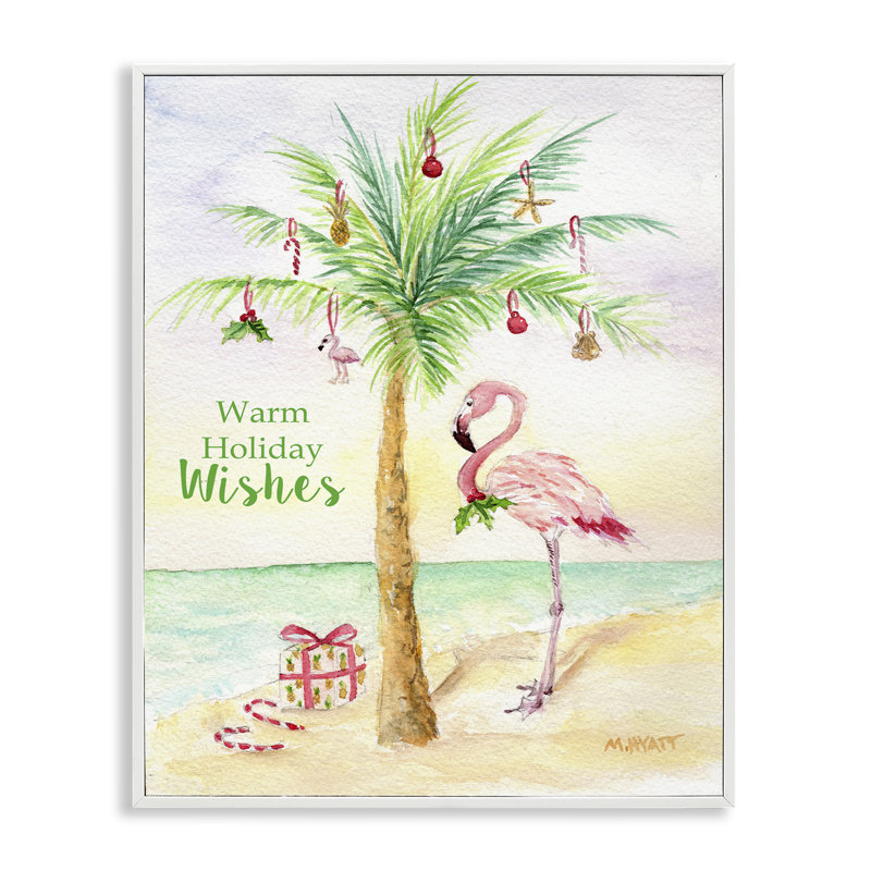 Palmier tropical de Noël flamant tropical, 30" H x 24" W, Giclée encadrée blanc bord de mer