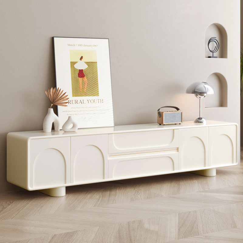 200cm Cream White TV Stand with Drawers and Cabinets, Low Profile Media Unit for TVs up to 65 Inch