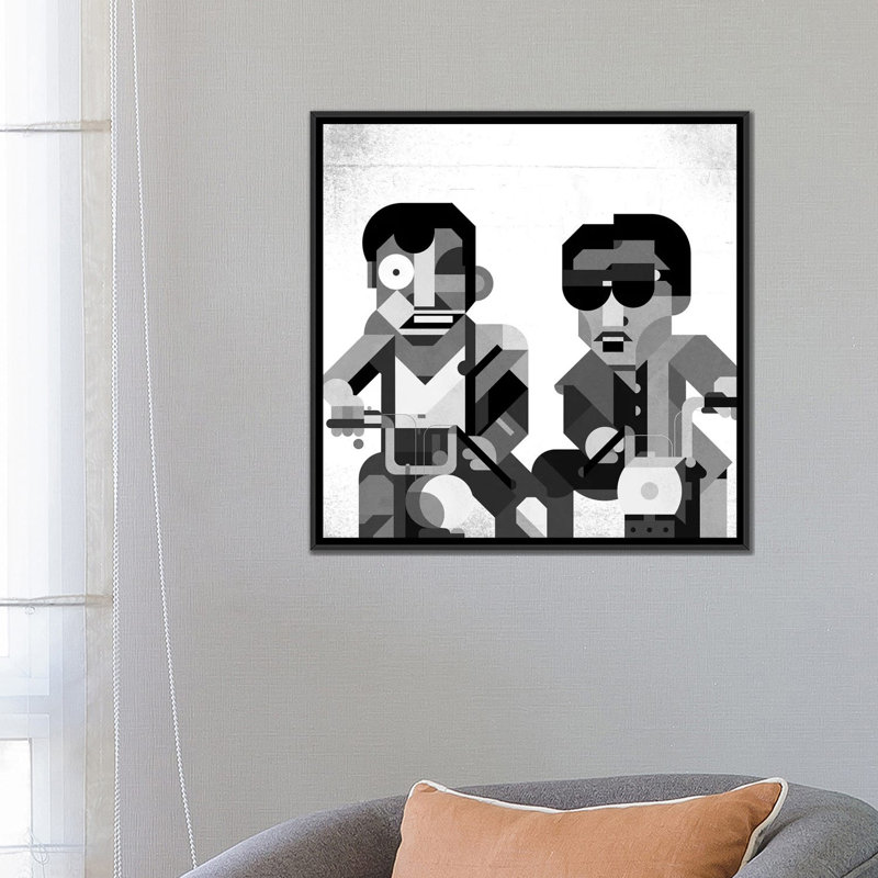 « garçons on cyclomoteurs », impression sur toile, H 18 po x l 18 po x P 1,5 po, Toile avec cadre noir, Pas de tapis