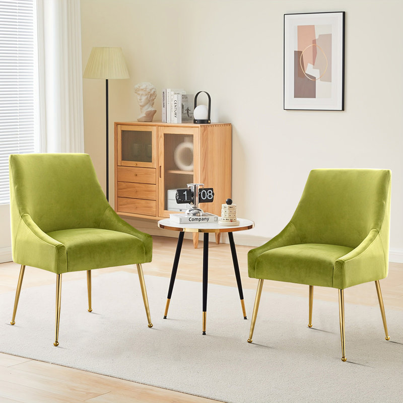 Velvet Upholstered Side Chair  With Gold Legs, Olive Green