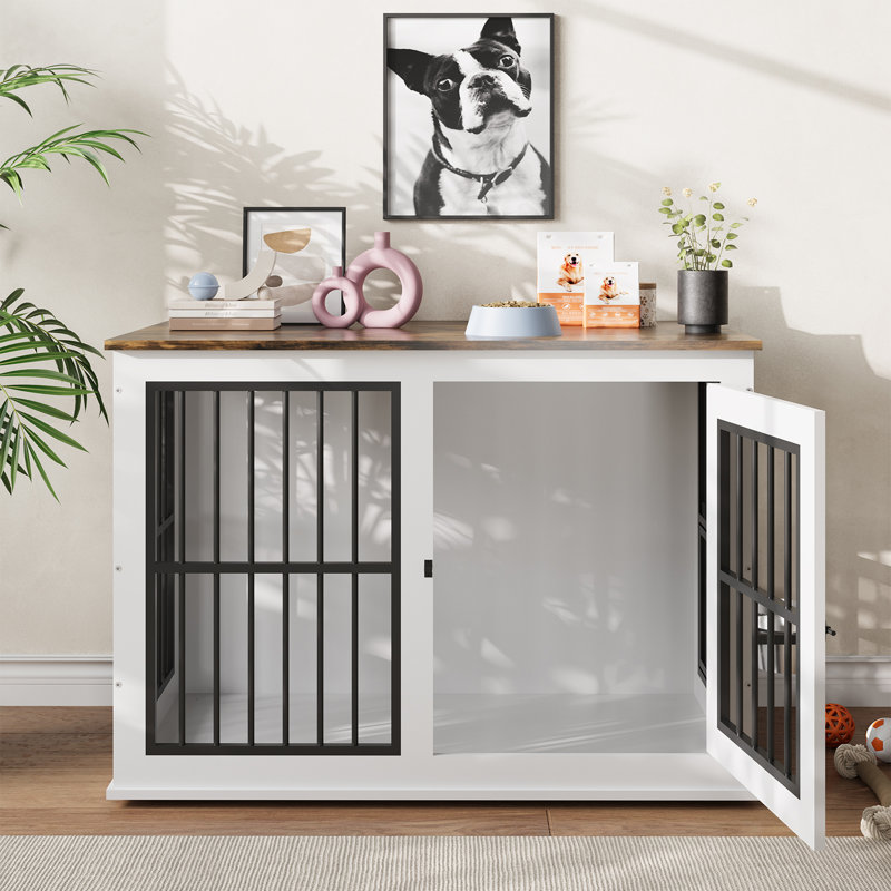 Mobilier de caisse pour chien de 40 po, table de bout en bois avec pieds réglables et bols amovibles, chenil d'intérieur pour chiens de taille moyenne à grande