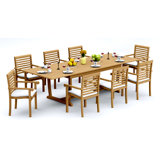 9 Pcs Grade-A Teak Wood Dining Set: 118" Double Extension Mas Rectangle Trestle Leg Table And 8 Hari Stacking Arm Chairs #11HR2508