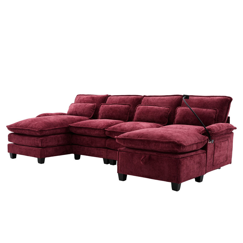 Canapé modulaire en U de 106 po, canapé-lit en chenille à 4 places avec méridienne, chenille douce et respirante, bois massif, + type-c, repose-pieds de rangement amovible pour le salon, canapé en nuage, tissu, bois