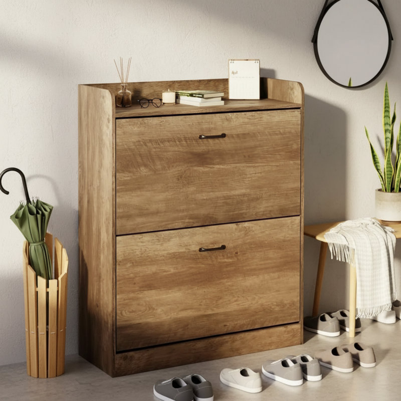 This Brown, Farmhouse-Style Shoe Cabinet Features Double Flip-Top Drawers, 5 Storage Shelves, Metal Legs, And A Narrow, Independent Design, Making It Suitable For Entryways And Hallways.