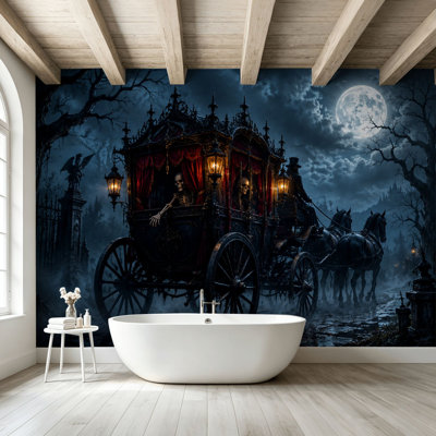 Peel and Stick Wallpaper Wall Mural Gothic Carriage Skeletons Full Moon Dark Forest Wall Art Self Adhesive and Removable