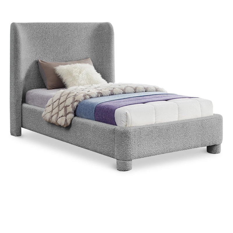 Ivyann Upholstered Unfinished Wingback Bed, Grey Boucle Fabric, Twin