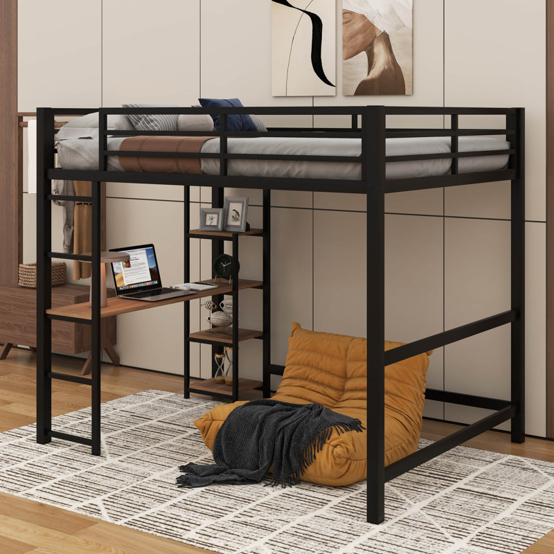 Lit mezzanine double en métal avec bureau intégré et compartiments de rangement
