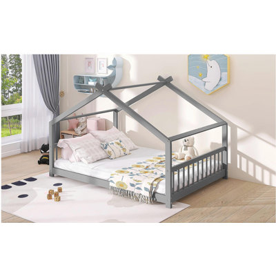 Lit double en bois, gris
