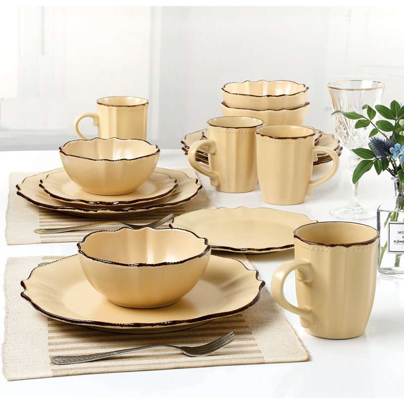 Vaisselle gris ardoise à bords festonnés 16 pièces Lorren Home Trends, Jaune