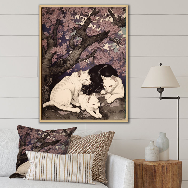 Chat blanc et chat noir dormant sous un arbre - impression, Cadre naturel flottant, H 44 po x l 34 po x P 1,5 po