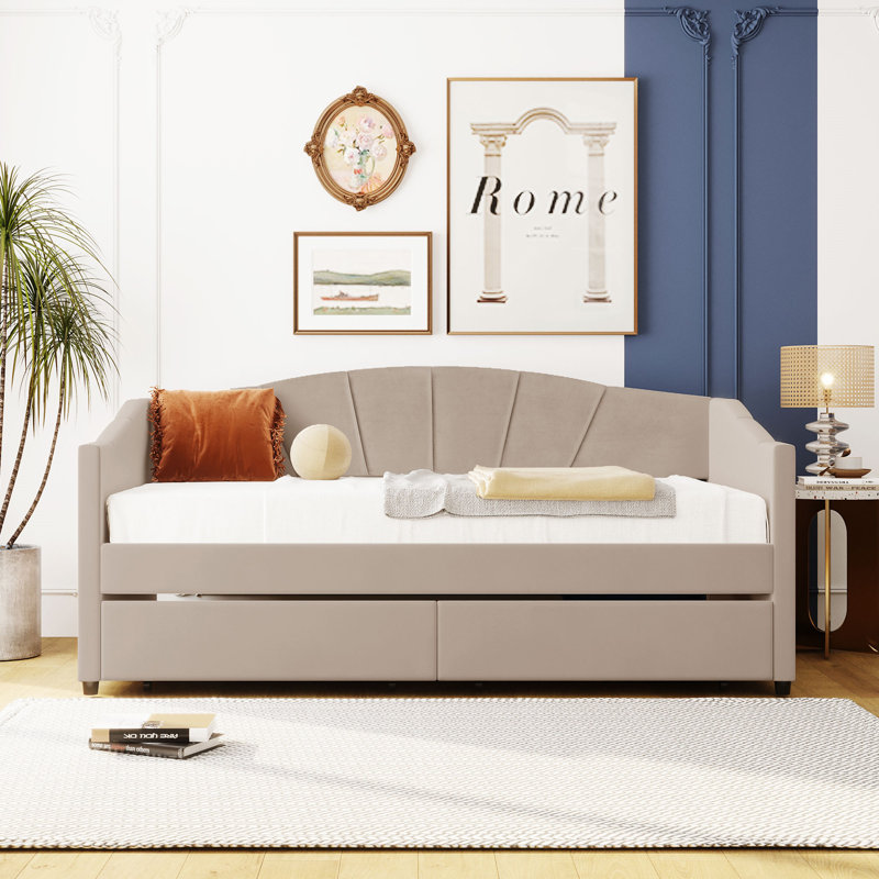 Upholstered Daybed Twin Size With Two Drawers And Wood Slat, Beige