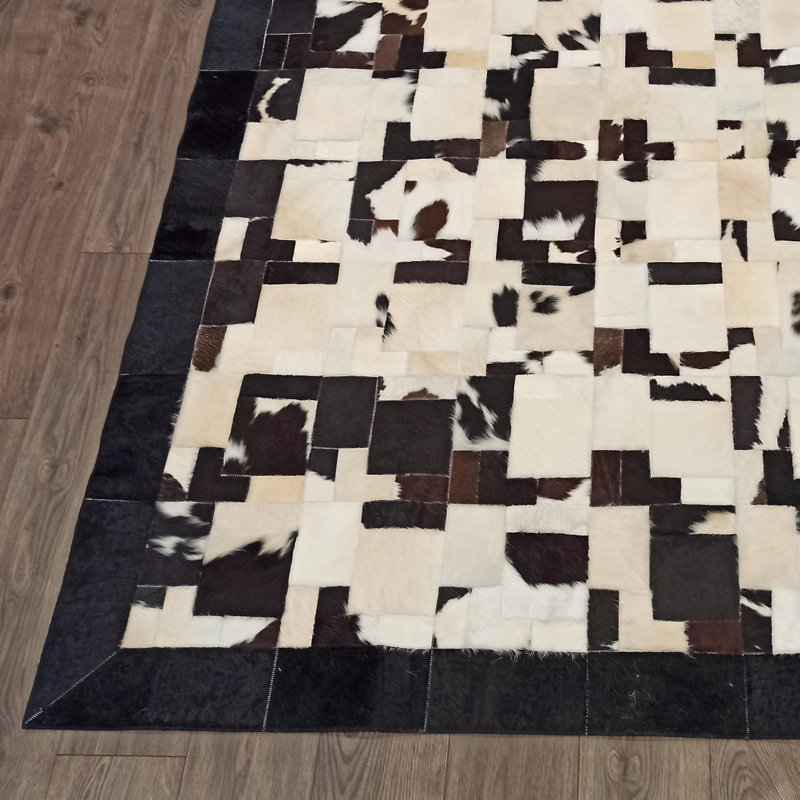 Black And White Cowhide Patchwork Rug, Handmade Natural Leather Carpet