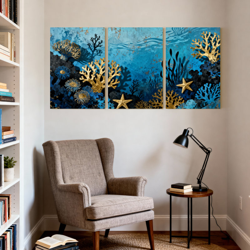 Ensemble de 3 impressions sur toile, récif corallien avec étoile de mer dorée, H 24 po x l 48 po