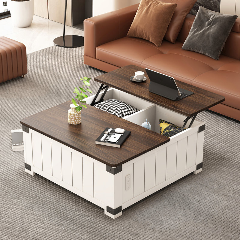 Table basse à plateau relevable avec rangement, table centrale carrée en bois