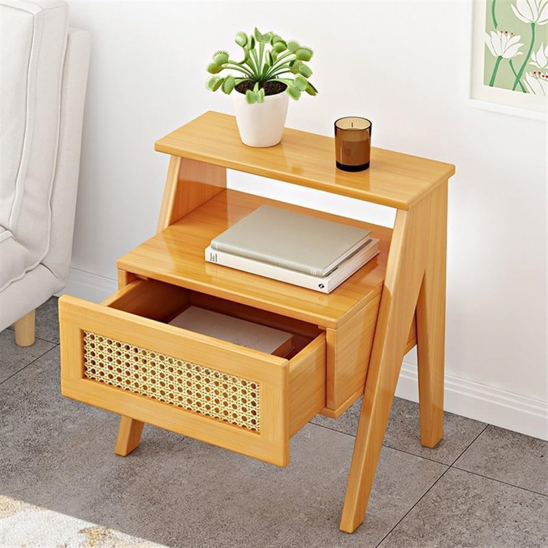 Table d'appoint moderne en bois massif avec tiroir en rotin - Table de chevet à 2 niveaux avec tablette de rangement ouverte