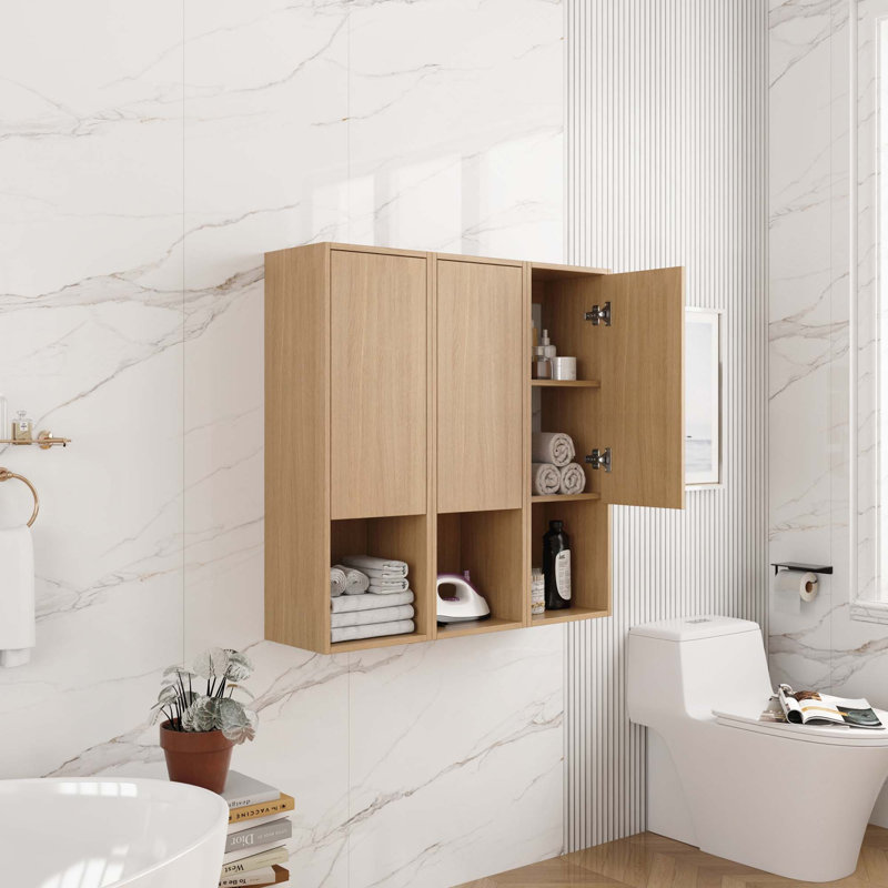 36-Inch Wall-Mounted Side Cabinet With 3 Soft Closing Door & Open Storage For Small Bathroom, Study, Storage Room