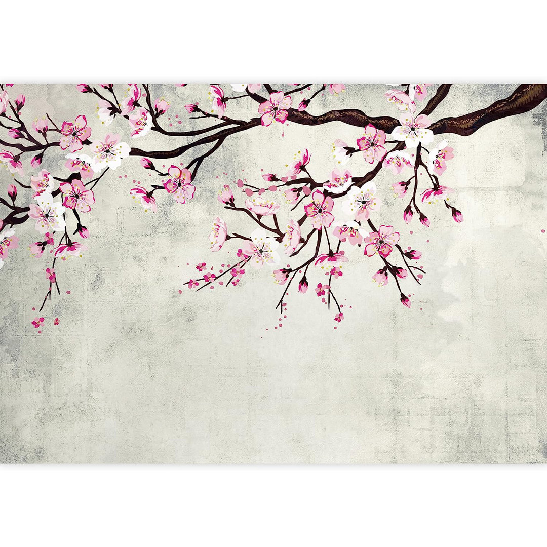 Watercolor Style Ink Painting Pink Cherry Blossom on Vintage Wall Paintable Wall Mural IDEA4WALL 