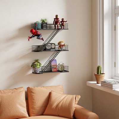  3-tier Fire Escape Wall Shelf - Black Metal Decorative Display Shelf Wall Mounted