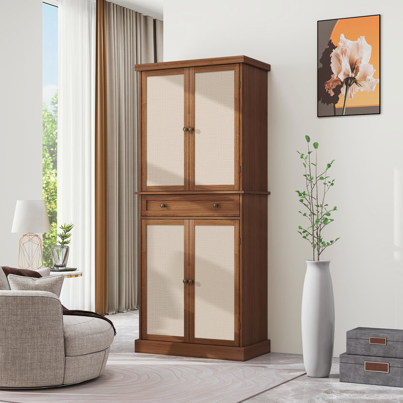 Armoire à 4 portes avec 1 tiroir, charge de 210 livres, processus d'ingénierie, résistant aux rayons du soleil et aux égratignures, tablettes intérieures réglables, charnière en métal pour ouverture à 180 degrés, accessoire de surmatelas, noyer, panneau de particules