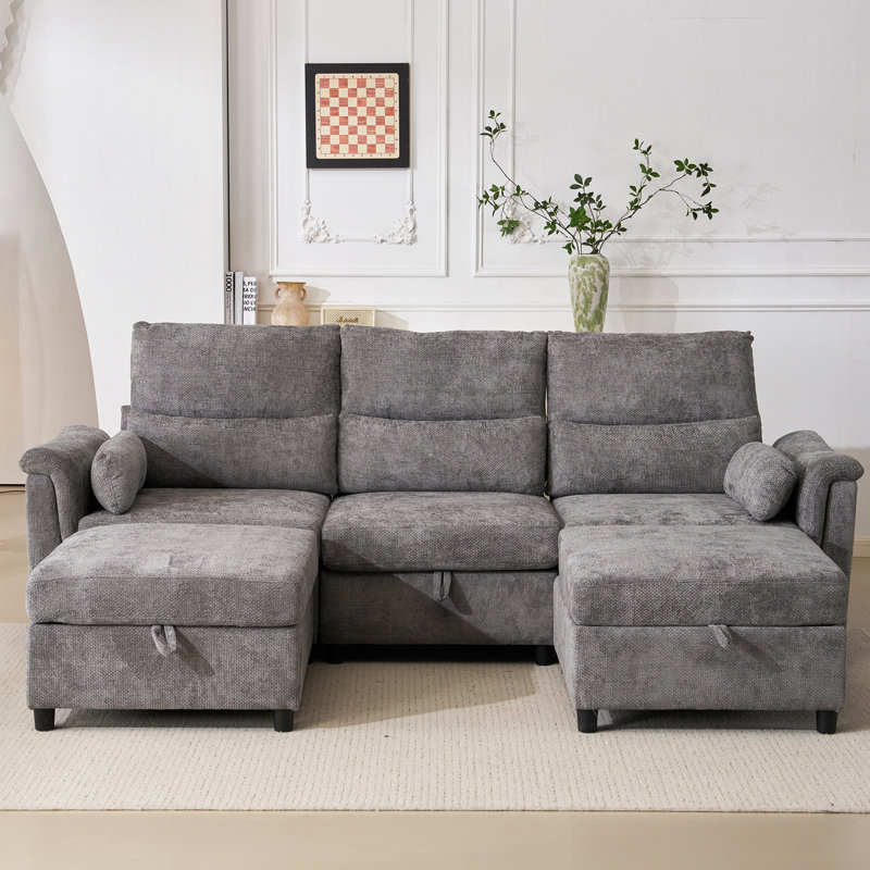 Canapé en U en forme de nuage avec repose-pieds avec rangement, canapé en chenille moderne avec méridienne, canapé modulaire convertible à 5 places pour le salon, gris