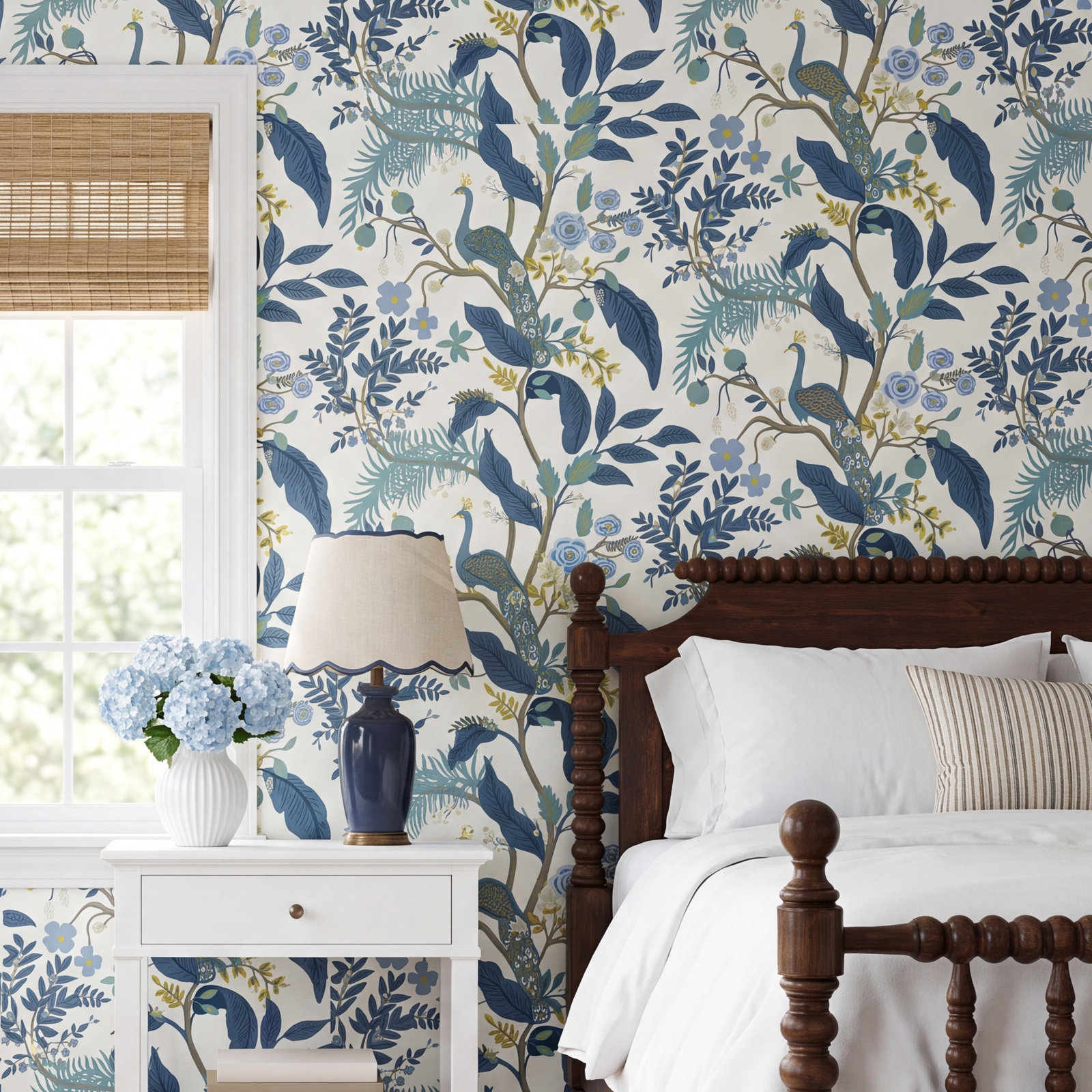 Peacock Wallpaper Roll, Blue/White