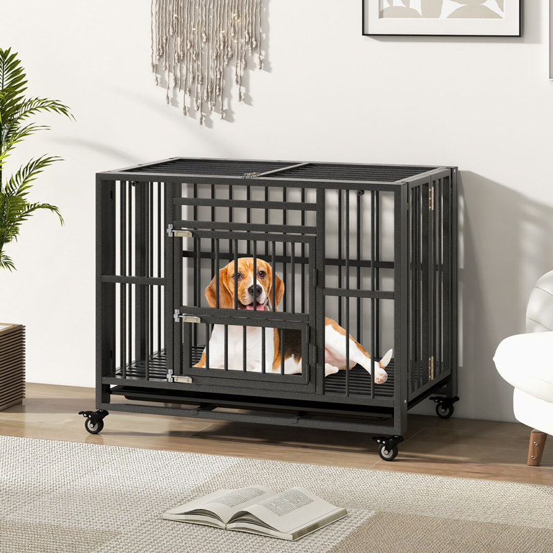 Heavy-Duty Black Metal Foldable Dog Cage with Wheels