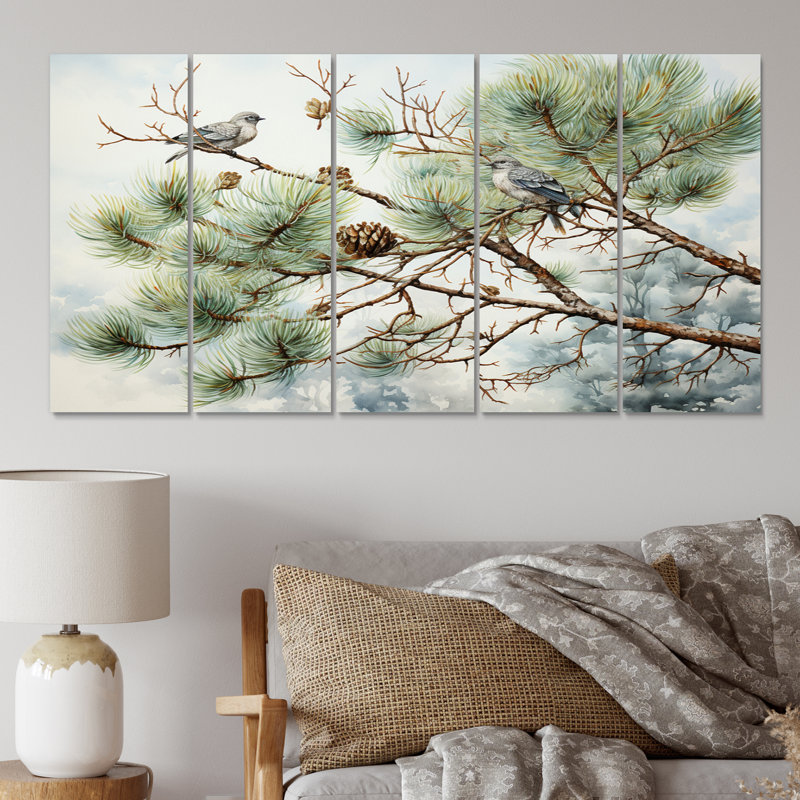 " Bird On Pine Tree I " 5 - Pieces