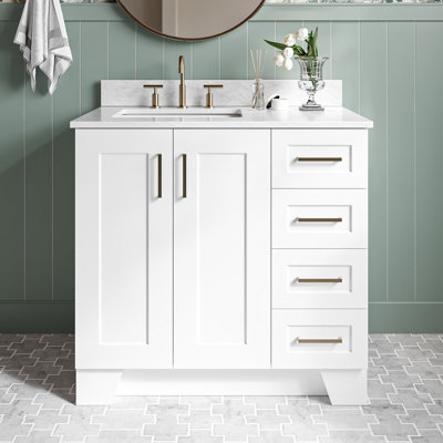 Freitas 37'' Solid Wood Single Bathroom Vanity in White with 0.75'' Carrara Marble Top, Left Offset, Rectangle Sink
