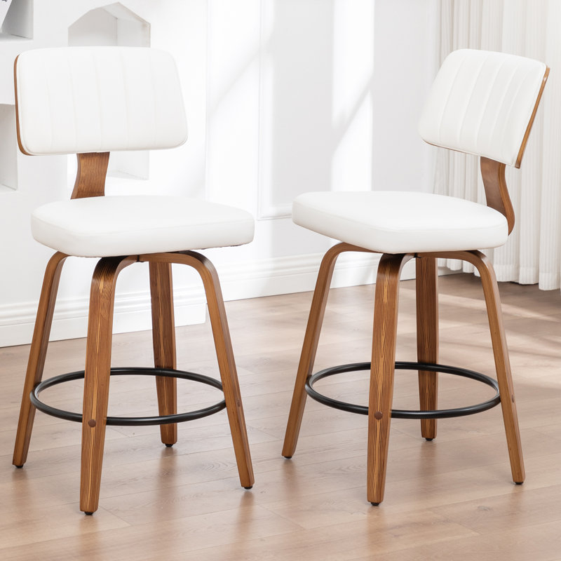 Swivel Upholstered and Faux Leather Bar Stool, White