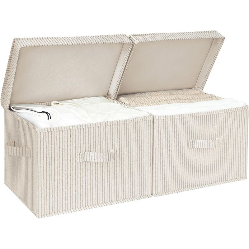 Bacs de rangement pour garde-robe, bacs de rangement en tissu avec couvercles | Couvercle rabattable, 3 poignées, pliable, empilable, pour couvertures à vêtements, multi-usages, grand, rayures kaki et beige, paquet de 2