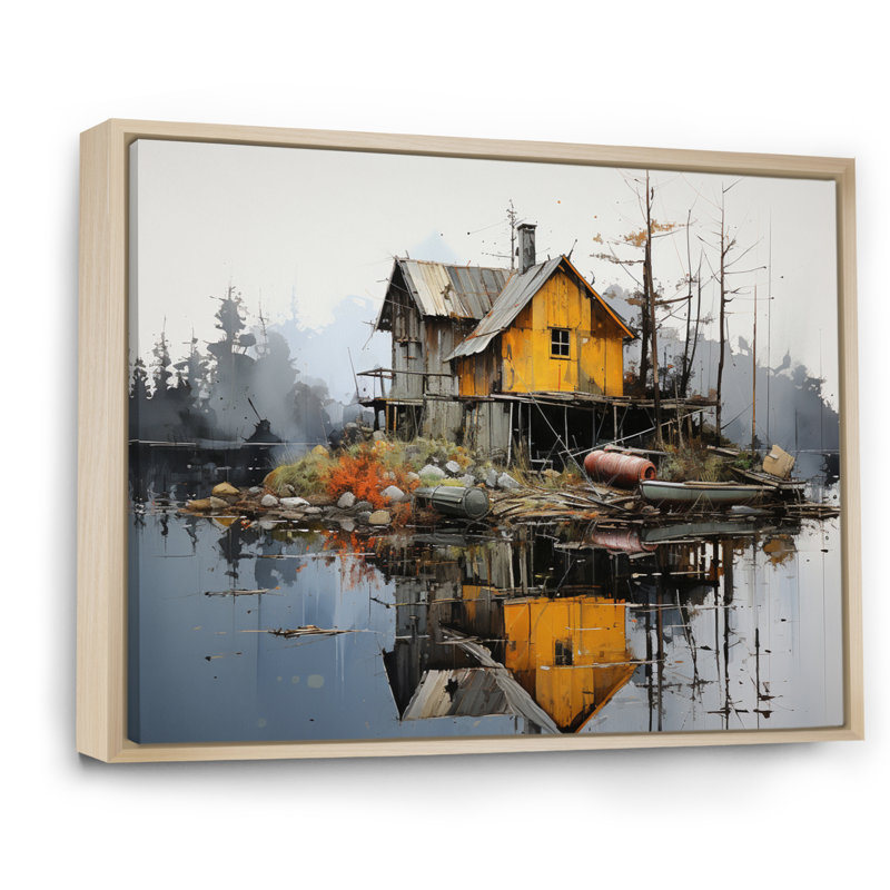 Yellow Lakehouse Pier Reflections II - Landscapes Canvas Prints, H 24 po x l 32 po x P 1 po, Cadre naturel flottant