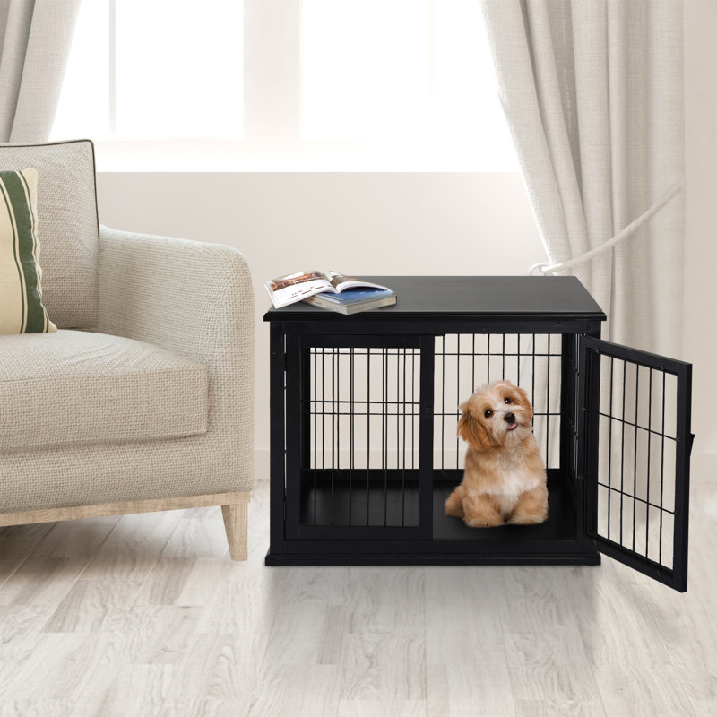 Table de bout pour petite cage pour chien, chenil d'intérieur décoratif avec porte verrouillable, noir