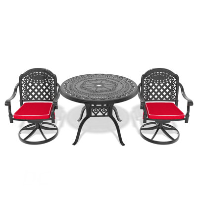 Ensemble de salle à manger 3 pièces en aluminium coulé toutes saisons comprenant 2 chaises pivotantes et une table ronde de 39,37 po avec structure noire