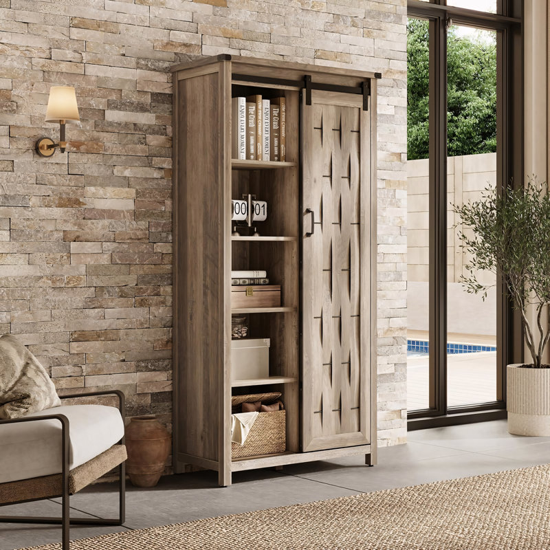 Kitchen & Bedroom 65" Barn Door Storage with Adjustable Shelves, Brown