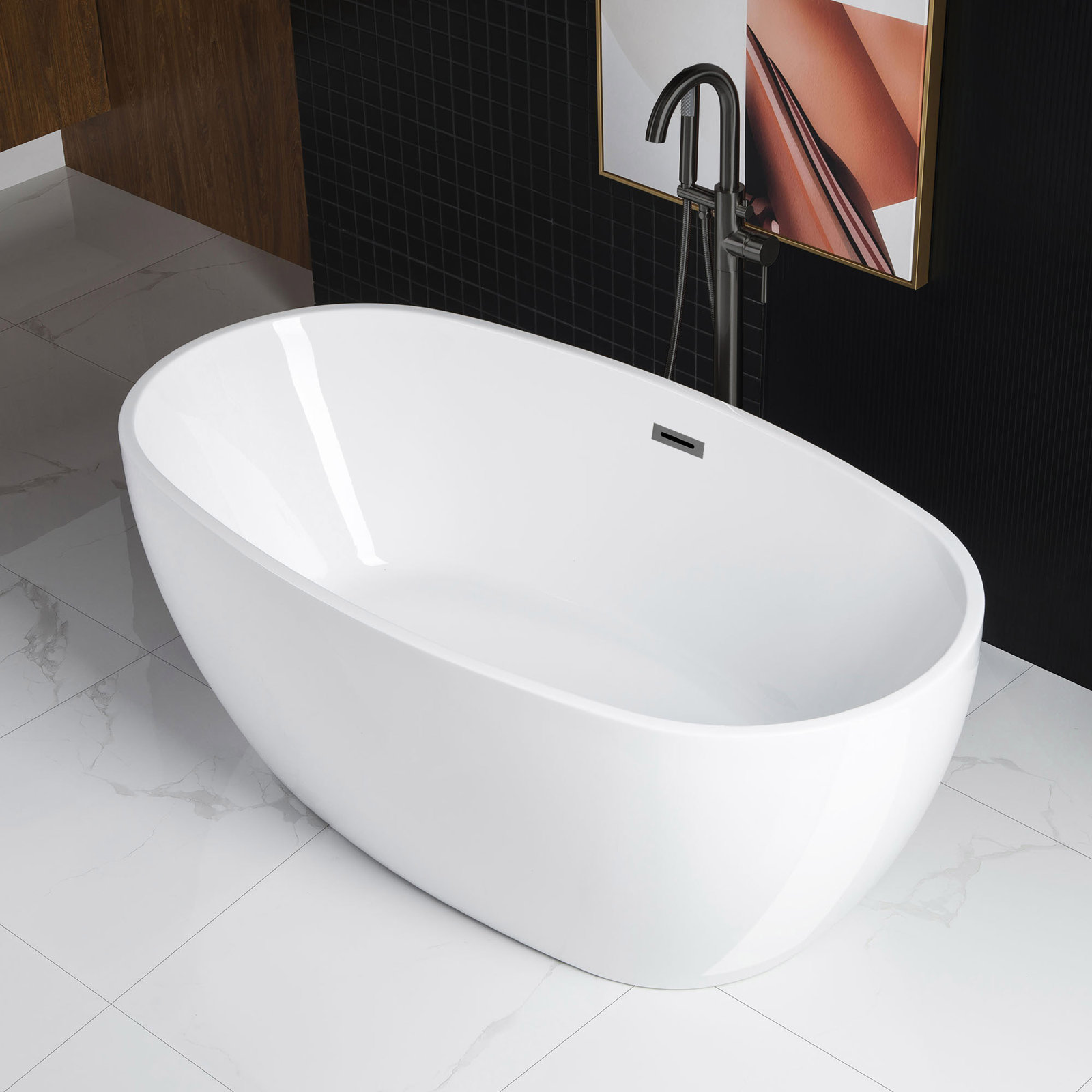 Ember 59" Freestanding Soaking Acrylic Bathtub, Matte Black, White