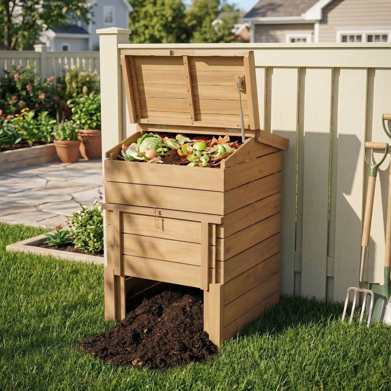 Bac à compost extérieur en bois massif, porte coulissante verrouillable et ouverture rabattable pratique, finition anti-corrosion résistante aux intempéries, convient à la cour, au jardin