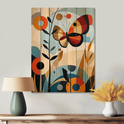 Mid Century Butterfly Journey I - Modern Wooden Wall Art On Natural Pine Wood