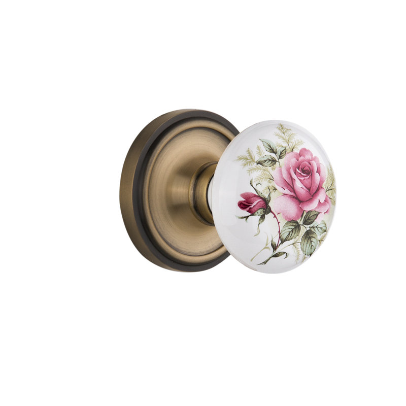 Classic Rosette with White Rose Porcelain Door Knob, Antique Brass, 2.75"