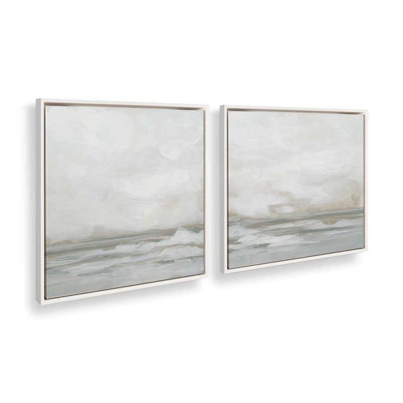 Ensemble de 2 impressions sur toile Winter Seascape Serenity, Cadre flottant blanc opaque, H 33 po x l 66 po x P 1,75 po