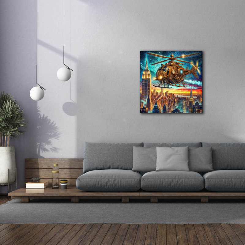 «Steampunk Helicopters Over New York» par Rey Klimt, art mural sur toile, H 37 po x l 37 po