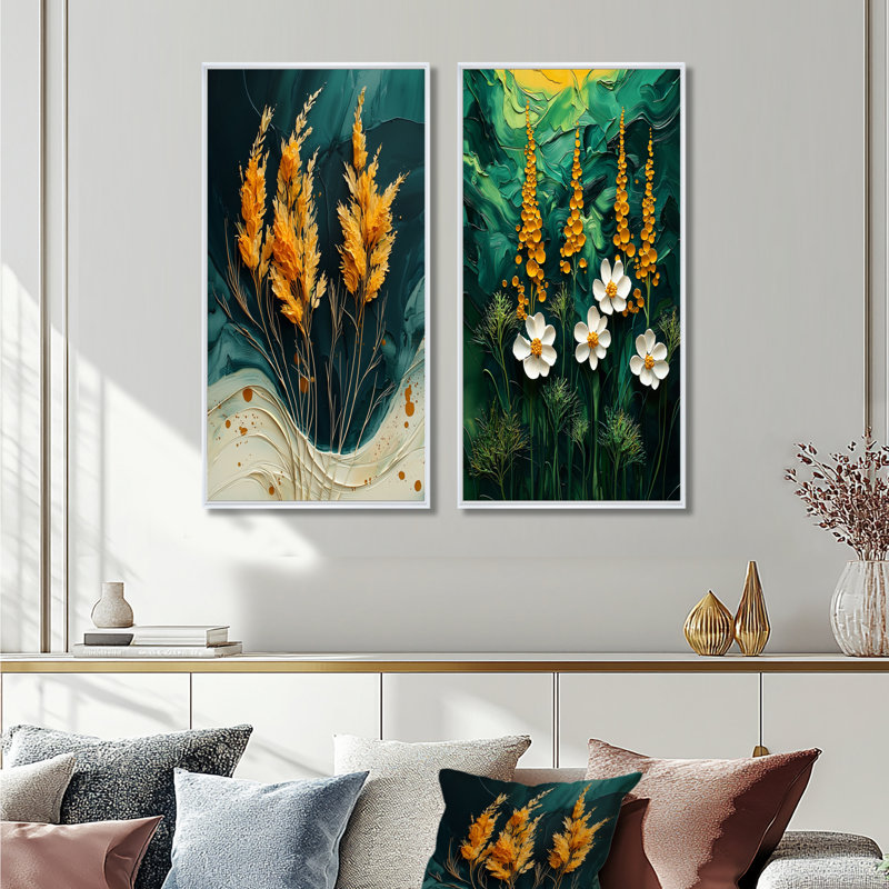 Emerald Yellow Delights Herbs I - ensemble de 2 pièces d'art floral, H 40 po x l 40 po, Cadre flottant blanc