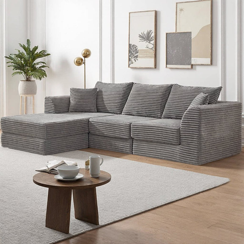 Canapé modulaire en forme de L de 102 po, 3 places avec méridienne réversible, tissu velours côtelé doux, conception sans cadre, aucun assemblage requis, coussins en mousse à mémoire de forme moelleux