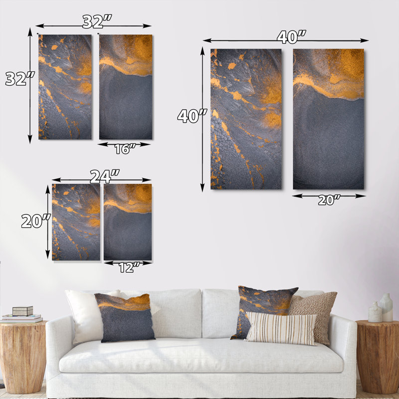 " Golden On Grey Liquid Art Ripples III " 2 - Pieces, Wrapped Canvas, 20" H x 24" W x 1" D