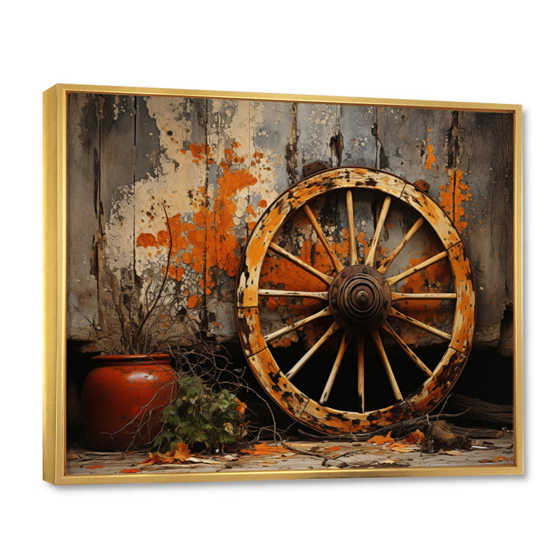 Roue de chariot orange I - décoration murale de transport, Cadre flottant doré, H 24 po x l 32 po x P 1 po