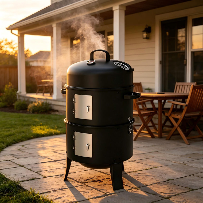 Barbecue fumoir vertical 3 en 1 au charbon de bois avec une surface de cuisson de 400 pouces carrés, barbecue portatif noir