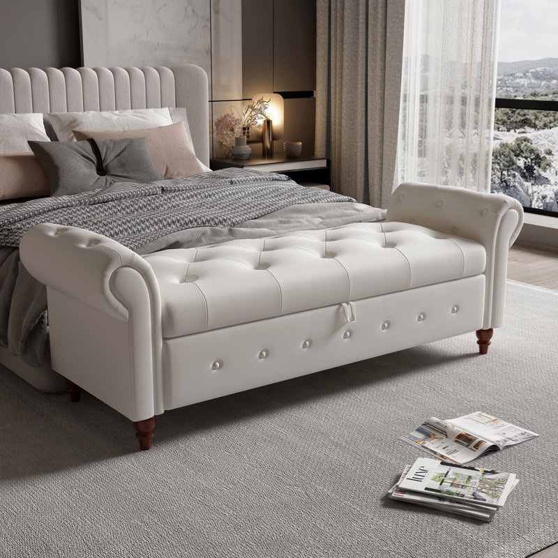 Upholstered 63" Bed Bench , Wooden Legs, Beige