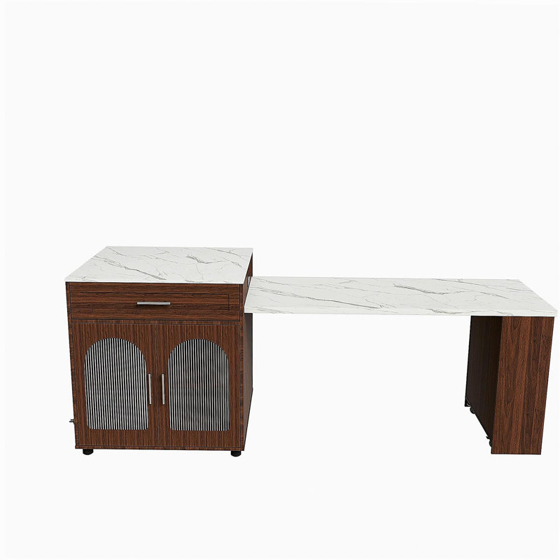 Îlot de cuisine de 80 pouces avec table de salle à manger, comptoir en grain de marbre avec prise de courant, chariot de rangement mobile avec armoire et 2 tiroirs, table de préparation de cuisine à finition noyer